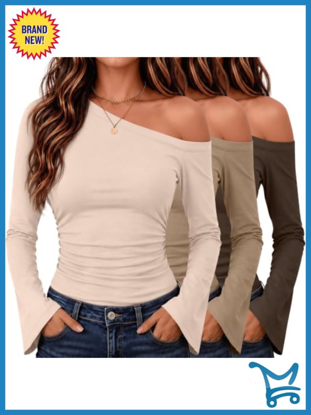 Off Shoulder Bell Sleeve Top Set 3 Pack Long Sleeve Slim Fit Asymmetrical